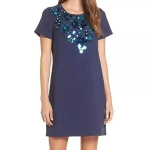 NWT Lilly Pulitzer 4‎ Havyn Navy Blue Dress  Floral Sequin Accents Short Sleeves